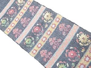 手織り真綿紬　横段に花更紗模様織り出し　名古屋帯